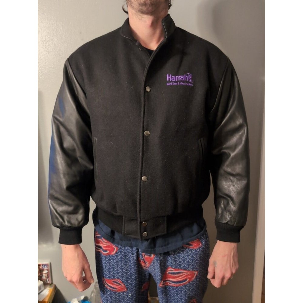Harrah's Casino St.Louis Black Embroidered Bomber Varsity Coat Size S